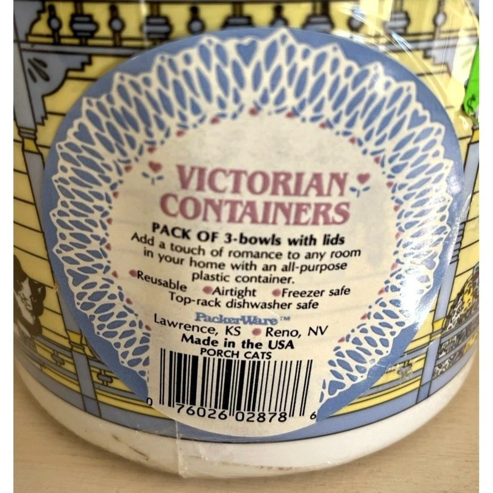 Vintage Packerware Containers NEW Sealed Set 3 CATS Victorian Porch RARE!!